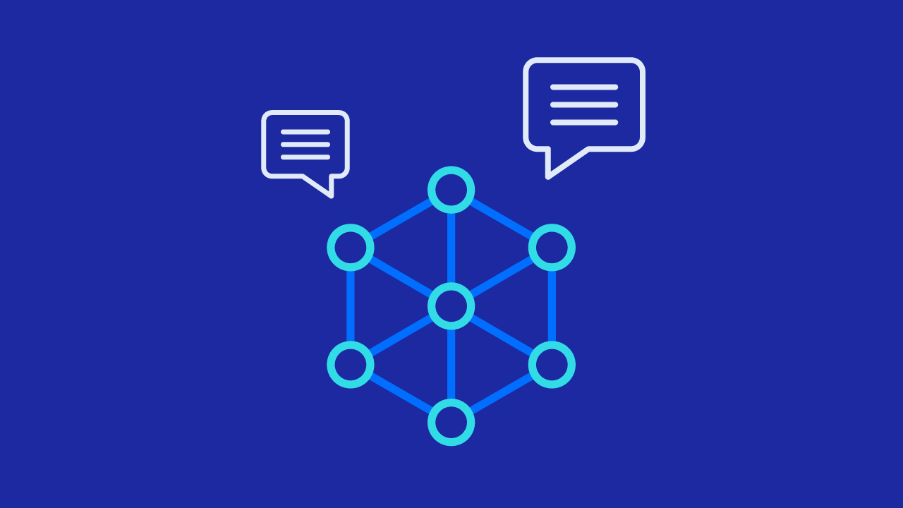 Graphic illustration showing AI technology connecting with speech bubbles