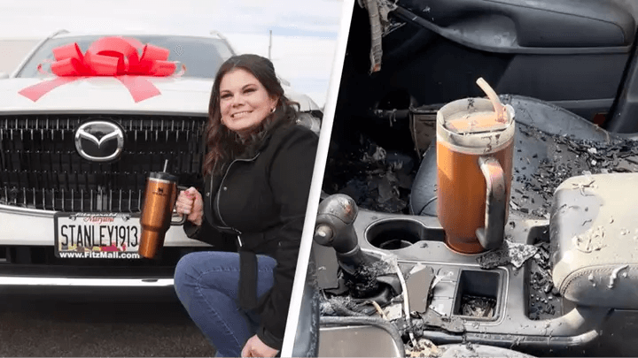 Image from UniLad showing Stanley customer who went viral. She is smiling next to a new car bought for her by Stanley.