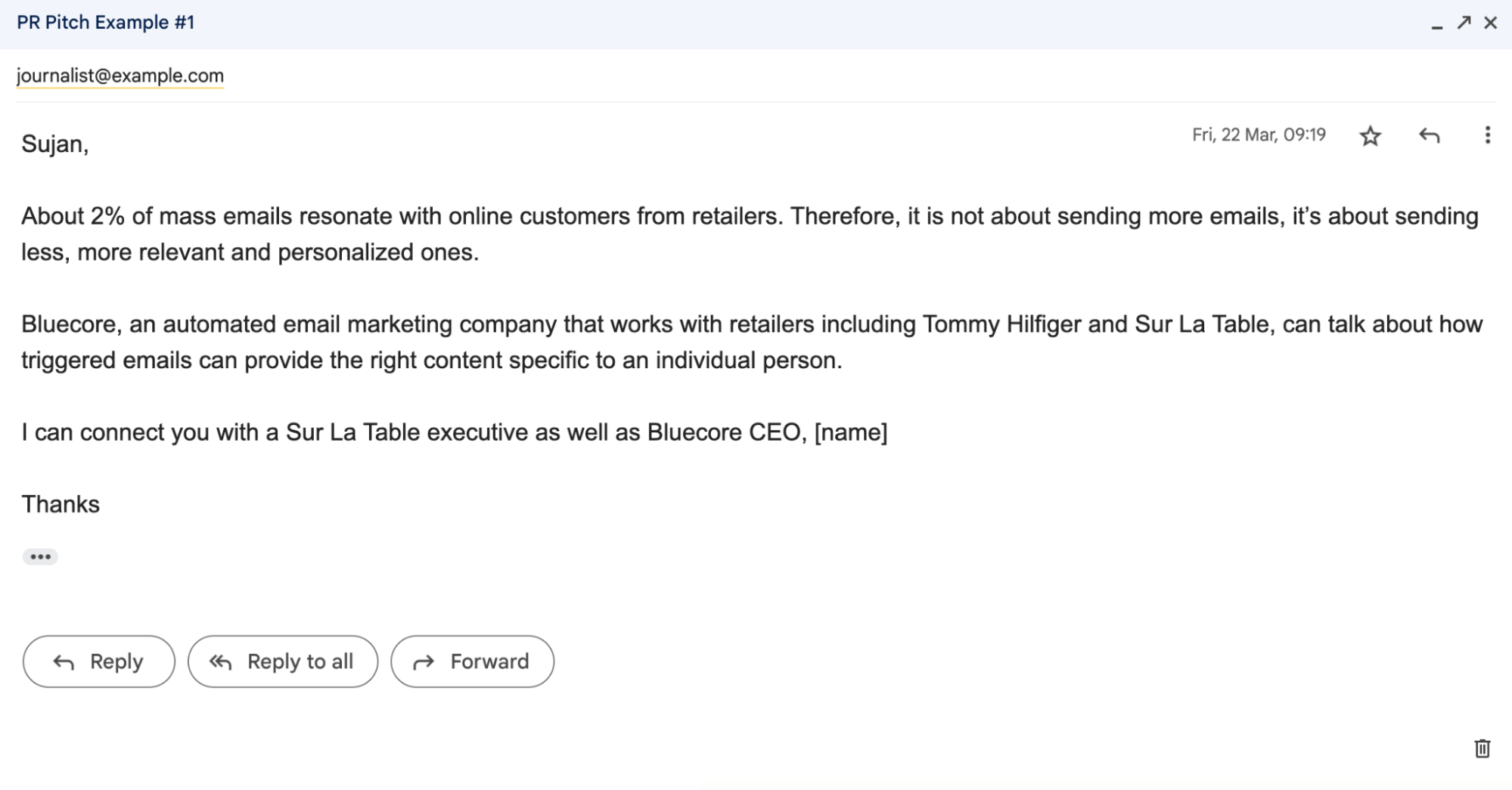 A successful media pitch example shared by Forbes journalist