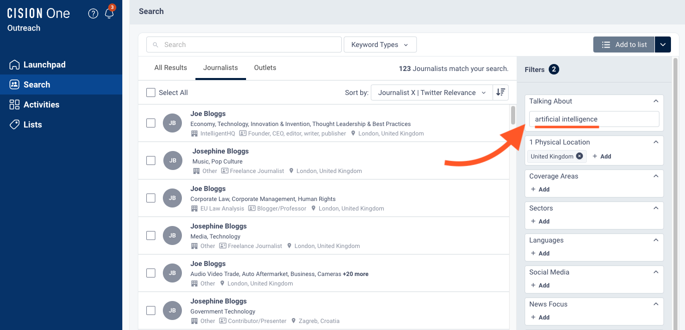An example of a journalist database showing a journalist search on the topic of artificial intelligence in CisionOne media database 