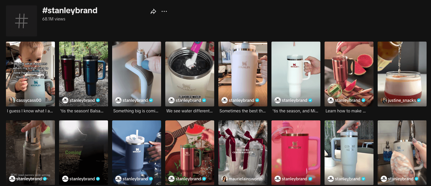 A screenshot from TikTok trend discovery showing 68m user generated videos for the hashtag StanleyBrand